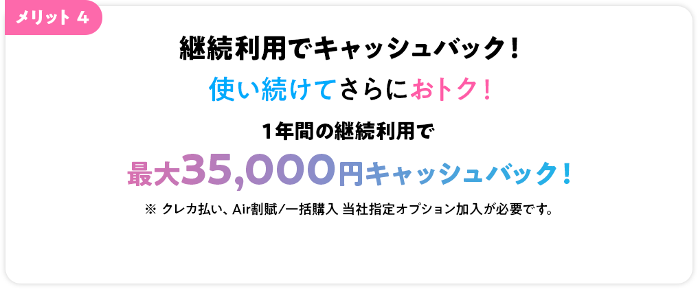 メリット4 継続利用で最大35,000円キャッシュバック！