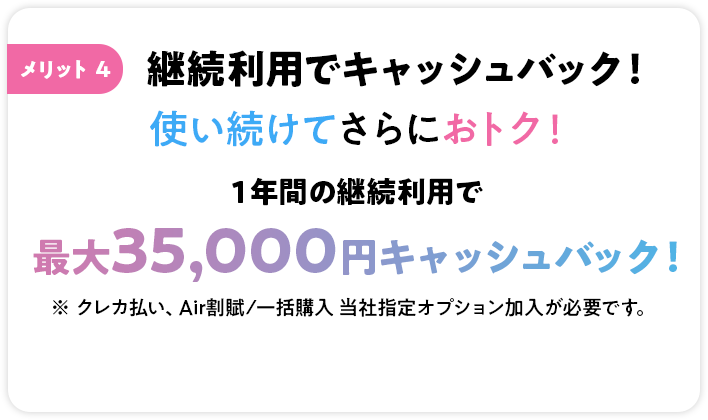 メリット4 継続利用で最大35,000円キャッシュバック！